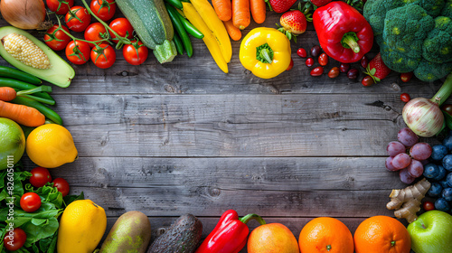 A top view of a colorful assortment of fresh fruits and vegetables arranged artfully on a wooden background  showcasing the vibrant and natural textures