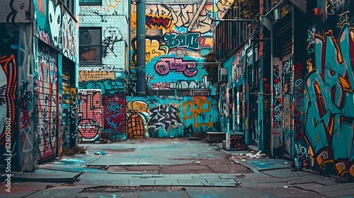 Artistic teal-colored graffiti murals against an urban backdrop, showcasing vibrant creativity. © Kanwal