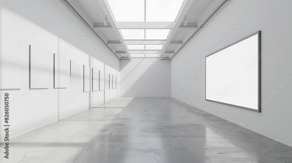 there are many empty frames in a white room with a skylight