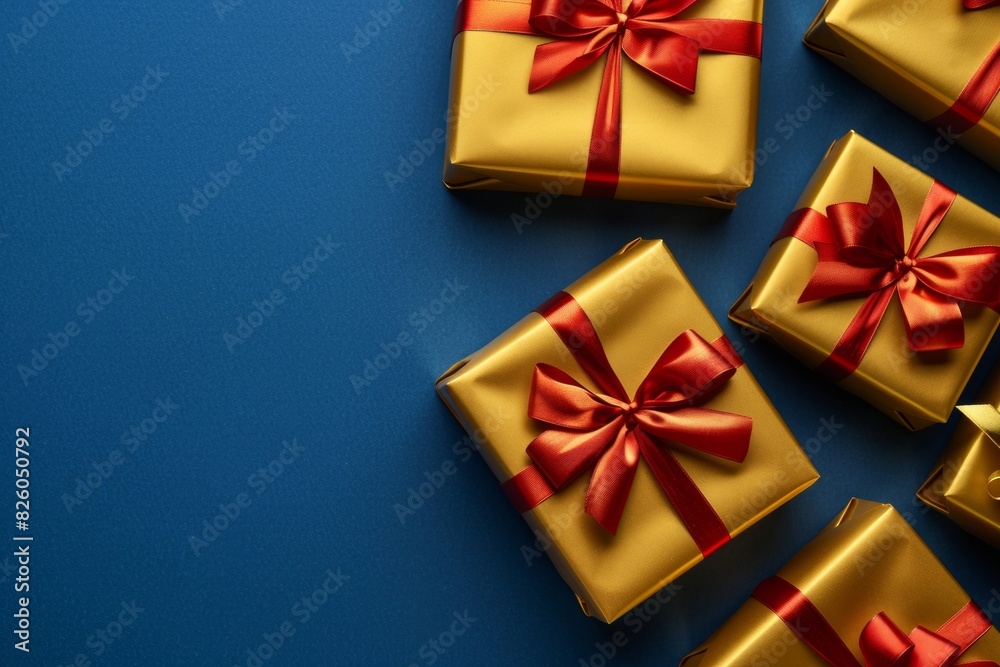 Multiple colorful gift boxes with ribbons on blue surface with text space - celebration, holiday presents, marketing. Multiple colorful gift boxes with ribbons on blue surface with text space - celebration, holiday presents, marketing.