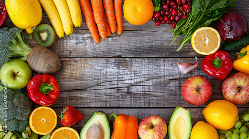 A top view of a colorful assortment of fresh fruits and vegetables arranged artfully on a wooden background  showcasing the vibrant and natural textures