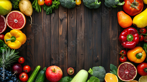 A top view of a colorful assortment of fresh fruits and vegetables arranged artfully on a wooden background, showcasing the vibrant and natural textures