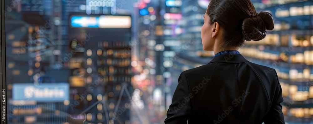Businesswoman gazing out of an office window at a bustling city skyline, reflecting on opportunities and growth. Businesswoman gazing out of an office window at a bustling city skyline, reflecting on opportunities and growth.