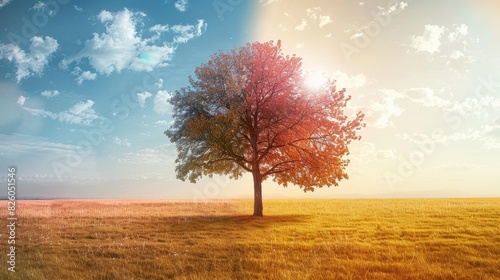 A lone tree stands in a sunlit field under a vibrant sky, transitioning from day to evening with a captivating landscape view.