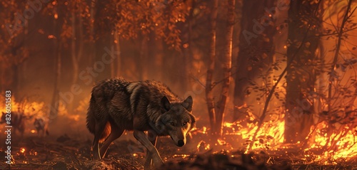 A lone wolf prowls through a forest engulfed in flames, showcasing the raw power of nature and wildlife's resilience in the face of disaster.