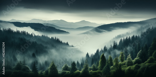 arafed view of a mountain range with a foggy forest photo