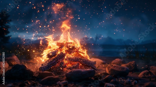 campfire crackling softly under a starry sky, warm glow, calming rhythm, detailed embers photo