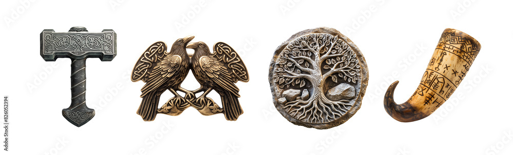 Collection of Viking artifacts isolated on transparent background. Norse mythology and Viking heritage concept. Collection of Viking artifacts isolated on transparent background. Norse mythology and Viking heritage concept.