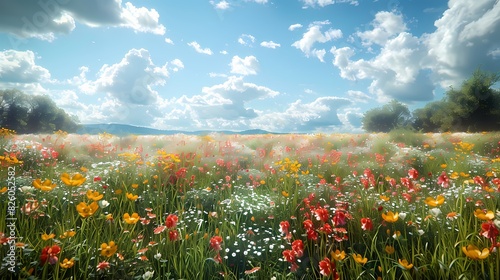 A lush green meadow stretching as far as the eye can see, dotted with colorful wildflowers, under a clear blue sky