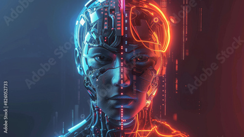 Futuristic AI concept showcasing a cybernetic human face with intricate technology, glowing lights in blue and red, depicting duality of man and machine.