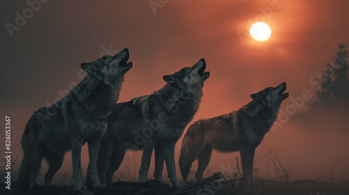 Three wolves howling at a blood-red sunset in a misty forest  showcasing the wild and untamed spirit of nature at dusk.