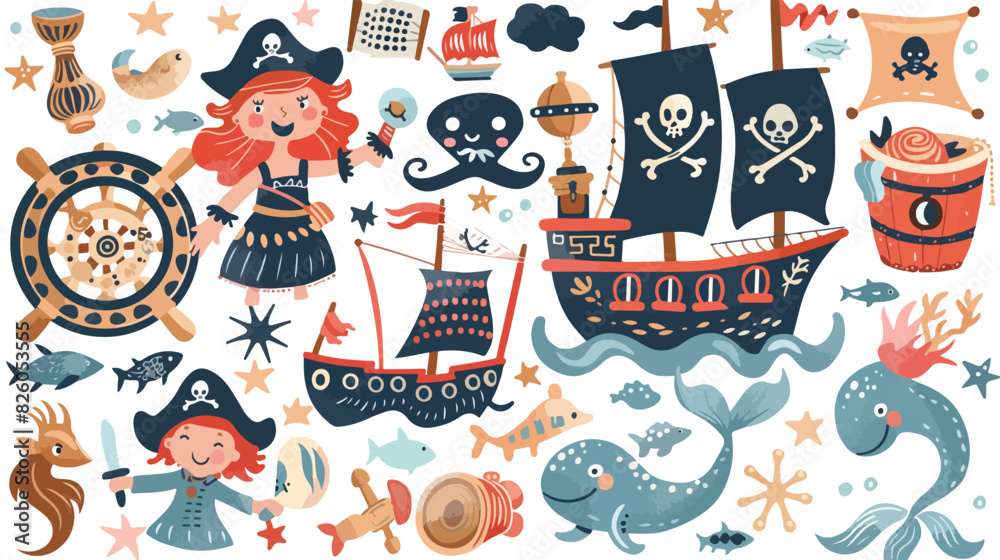 Pirate adventure collection. Doodle pirates cute stic