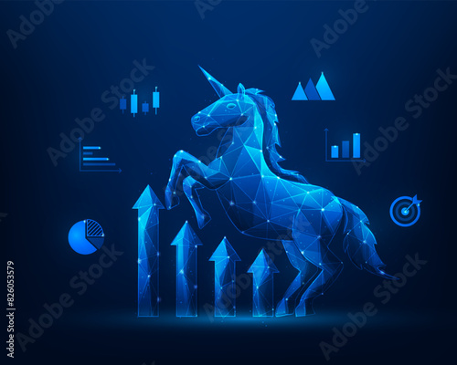 business unicorn startup and arrow graph growth. achievement success low poly wireframe. creative idea and innovation company. concept of venture capital to wealth. vector illustration.
