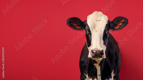 there is a cow that is standing up against a red wall photo
