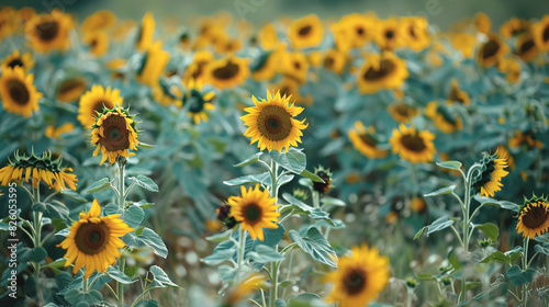 Vibrant sunflower field in full bloom under a clear sky  showcasing the beauty of nature with bright yellow petals and lush green leaves.