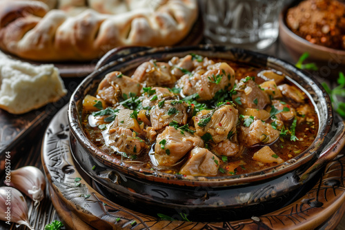 there is a bowl of stew with meat and vegetables on a table