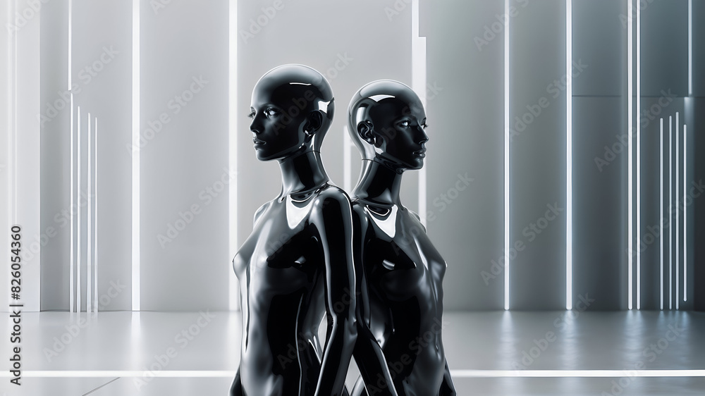 3d rendering of two black mannequins with shiny metallic bodies 3d rendering of two black mannequins with shiny metallic bodies