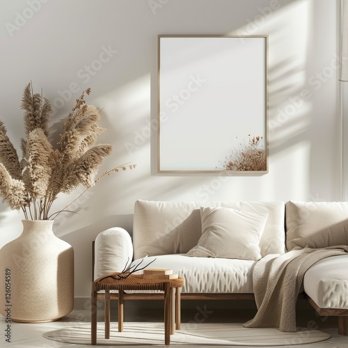 Cozy living room with beige sofa and pampas grass