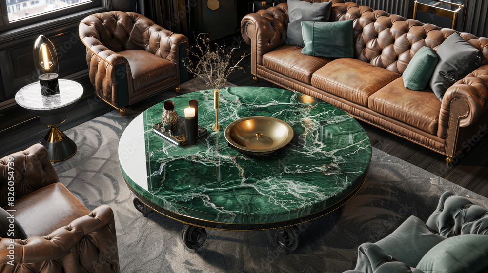 a vintage-inspired charcoal gray coffee table featuring an emerald green marble top, serving as a stylish centerpiece