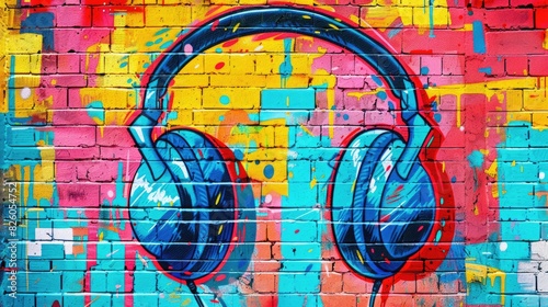 Colorful Pop Art Comic Street Graffiti Featuring Headphones on a Vibrant Brick Wall Background 