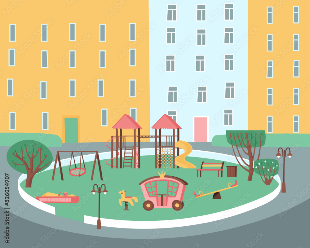 A play complex for children in the courtyard of apartment buildings. Fun games outside.    A gazebo-carriage with a princess horse, fun slides and a sandbox with a canopy. Flat vector illustration