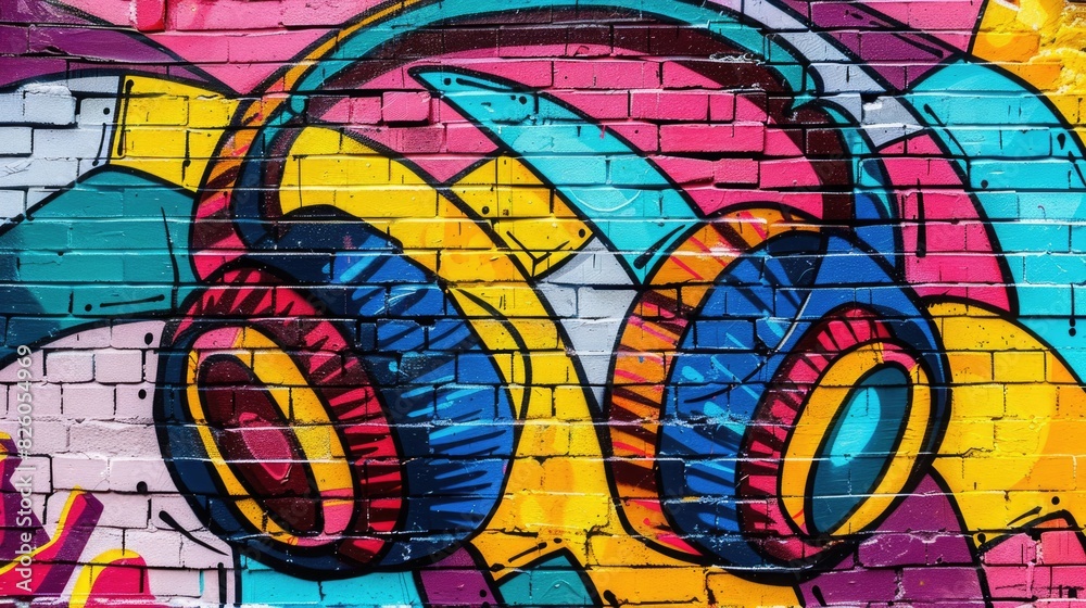 Colorful Pop Art Comic Street Graffiti Featuring Headphones on a Vibrant Brick Wall Background
