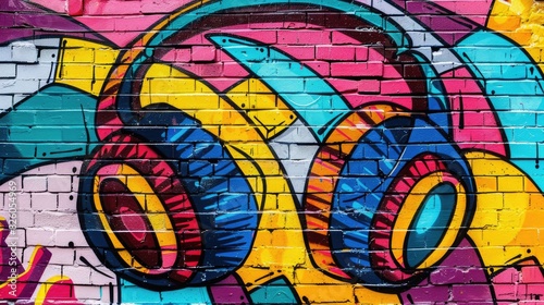 Colorful Pop Art Comic Street Graffiti Featuring Headphones on a Vibrant Brick Wall Background 