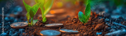 Coins in soil with fresh green seedlings sprouting, symbolizing financial growth and investment. Sunlight highlighting the seedlings.
