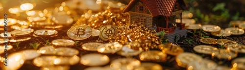 Golden bitcoins and coins with toy house symbolizing cryptocurrency investment in property during sunset.