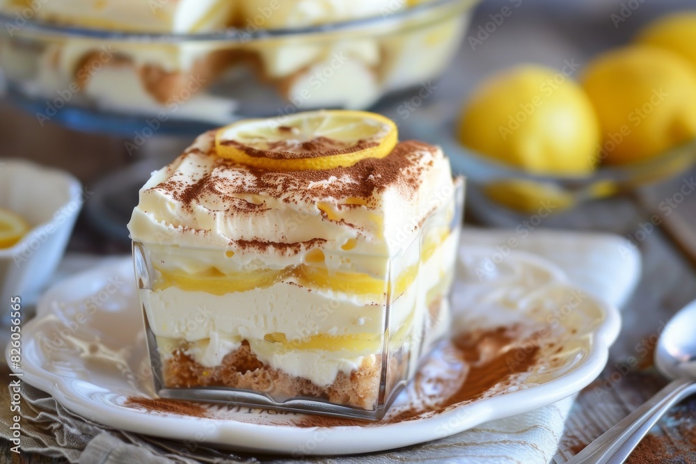 Lemon fruit tiramisu dessert close-up view Lemon fruit tiramisu dessert close-up view