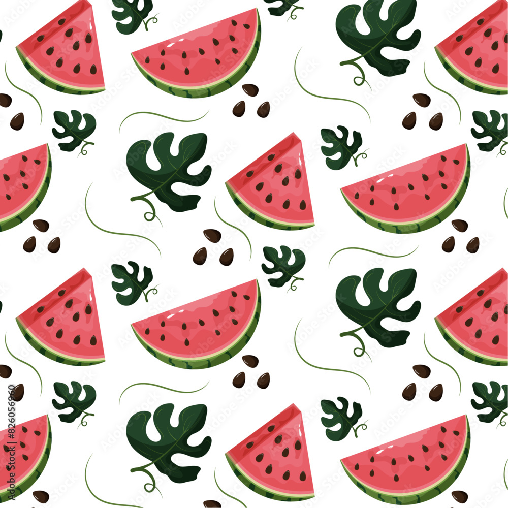 Watermelon pattern with seed, watermelon slice, and leaves on a white background, vector illustration. Watermelon pattern with seed, watermelon slice, and leaves on a white background, vector illustration.