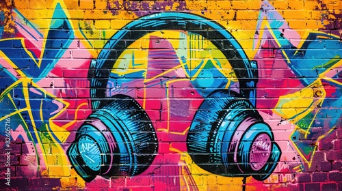 Colorful Pop Art Comic Street Graffiti Featuring Headphones on a Vibrant Brick Wall Background 