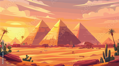Pyramid in Egypt desert oasis vector sunset of four 