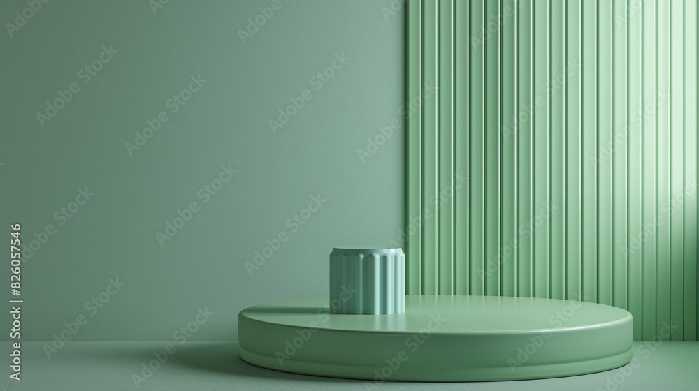 Fouce on a green podium on the shelf next to a green wall, in the style of white and cyan, daz3d, delicate lines, minimalist color field, texture-rich surfaces, stripes and shapes, rounded Fouce on a green podium on the shelf next to a green wall, in the style of white and cyan, daz3d, delicate lines, minimalist color field, texture-rich surfaces, stripes and shapes, rounded
