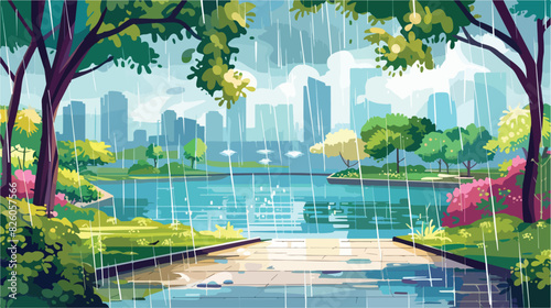 Rain in city park with lake and skyscraper view. Publ photo