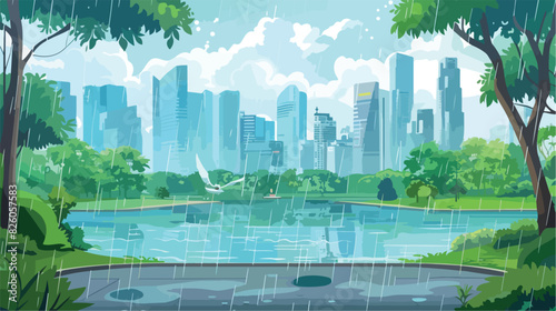 Rain in city park with lake and skyscraper view. Publ photo