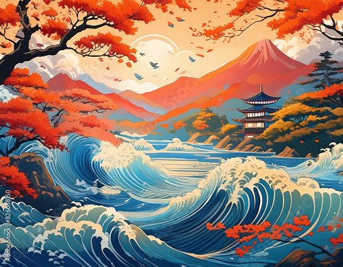a serene painting of a Japanese autumn landscape with vibrant colors and dynamic sea waves photo