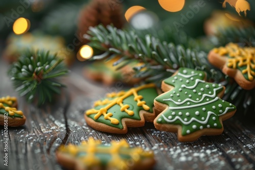 Christmas tree-shaped cookies decorated with icing and fir branches on a wooden background photo