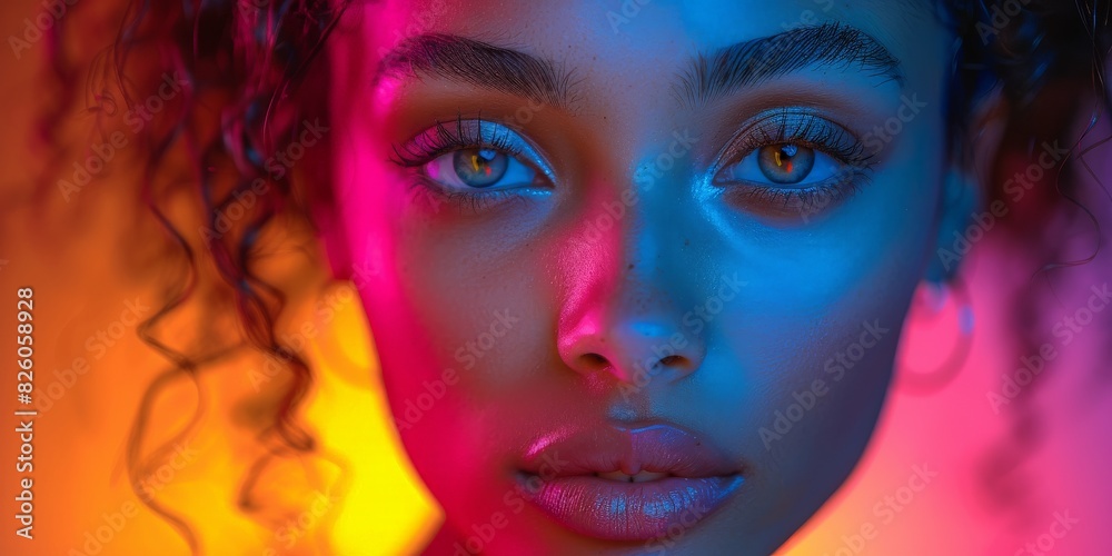 CloseUp Portrait of a Beautiful Woman with Vibrant Neon Lighting and EyeCatching Colors