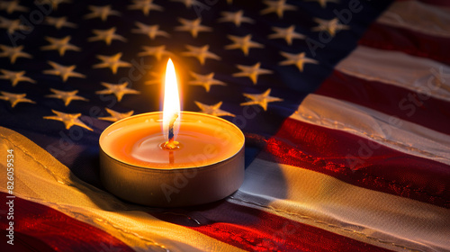 An evocative illustration featuring a candle with a flickering flame, positioned in front of the American flag. The flag fabric is detailed, with the candlelight gentle shadows, Memorial Day tribute.