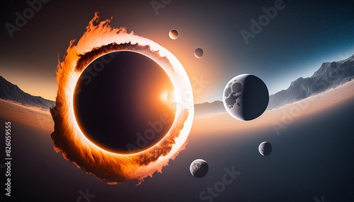 A stunning AI-generated image showcasing a solar eclipse with planets in space, capturing the breathtaking beauty of this cosmic event. photo