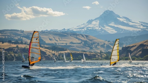 The windsurfing capital of Hood River, offering stunning views of the Columbia River Gorge and Mount Hood. photo