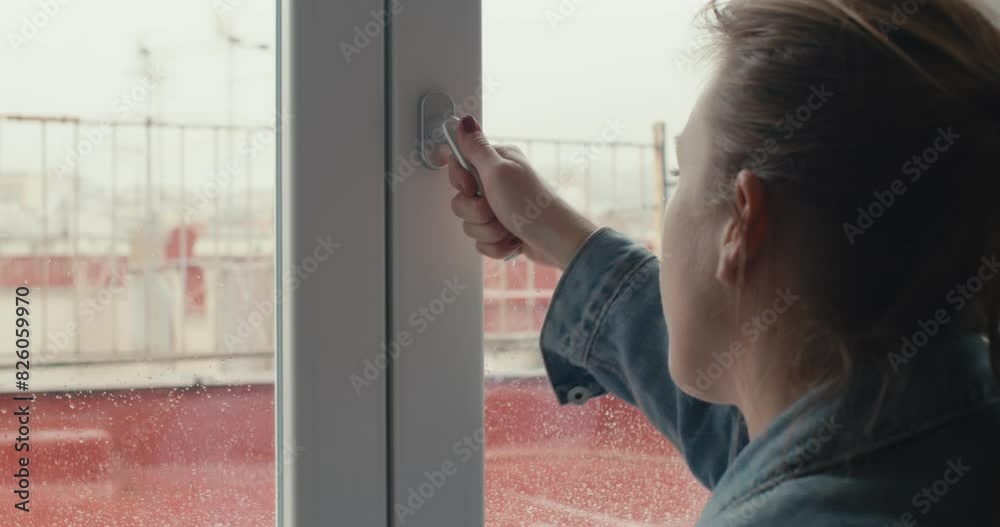 Woman hand open close window handle rainy Naples Italy in close up Woman hand open close window handle rainy Naples Italy in close up