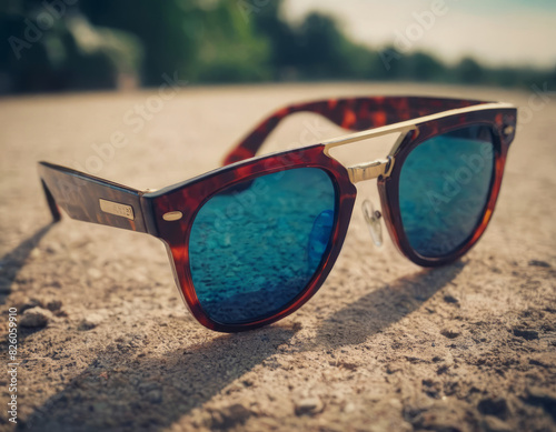 Gli occhiali da sole con lenti specchiate catturano il paesaggio circostante, creando un effetto suggestivo. photo