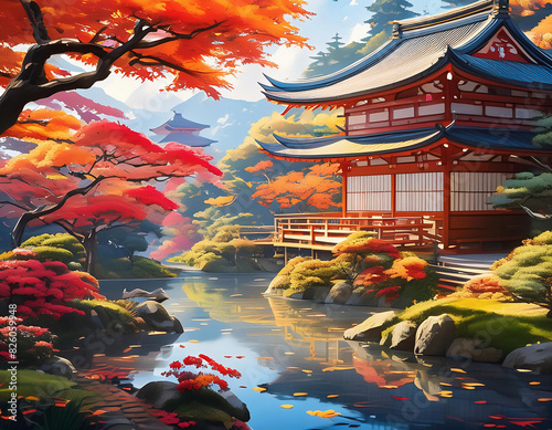 a serene painting of a Japanese autumn landscape with traditional japon building on the riverside photo