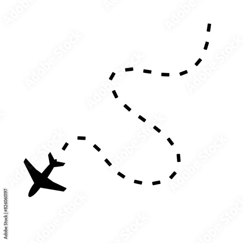 airplane icon with dashed line isolated on white and transparent background. black wavy airplane icon flat style vector illustration. 
