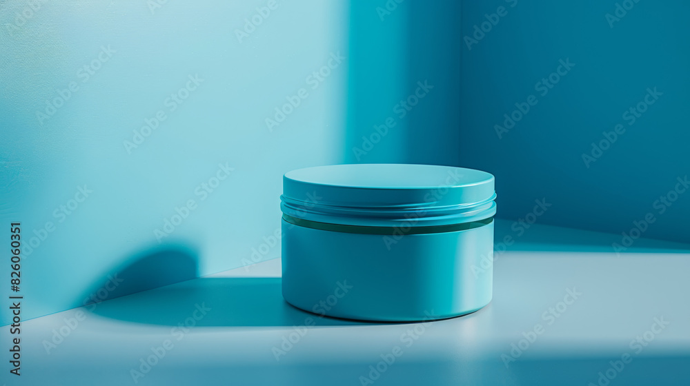 A blue jar with a lid sits on a white surface A blue jar with a lid sits on a white surface