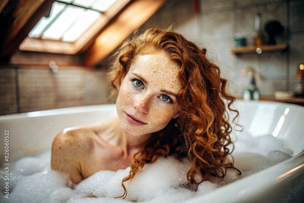 Close-up of a beautiful red-haired woman with freckles and curly hair, without makeup. She's taking a bubble bath. In the background is the interior of a loft-style bathroom. Close-up of a beautiful red-haired woman with freckles and curly hair, without makeup. She's taking a bubble bath. In the background is the interior of a loft-style bathroom.