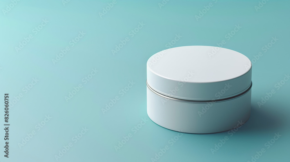 A white container with a silver band sits on a blue surface A white container with a silver band sits on a blue surface