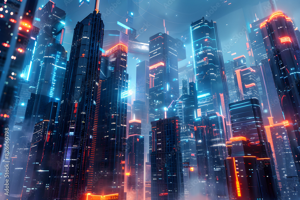 Futuristic Cityscape Illustrating the Concept of Interconnected Digital Networks